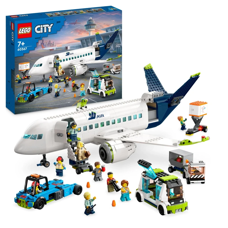 LEGO City Passenger Aeroplane Toy Building Set, Large Plane Model with Airport Ground Crew Vehicles: Apron Bus, Pushback Tug, Catering Loader, Baggage Truck plus 9 Minifigures 60367