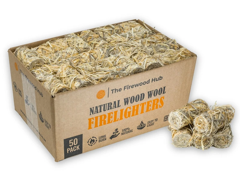 50 - Wood Wool Firelighters for Safe, Clean, and Odorless Ignition of Wood and Log Burners, BBQs, Pizza Ovens, and More - The Perfect Fire Starter For Any Occasion.