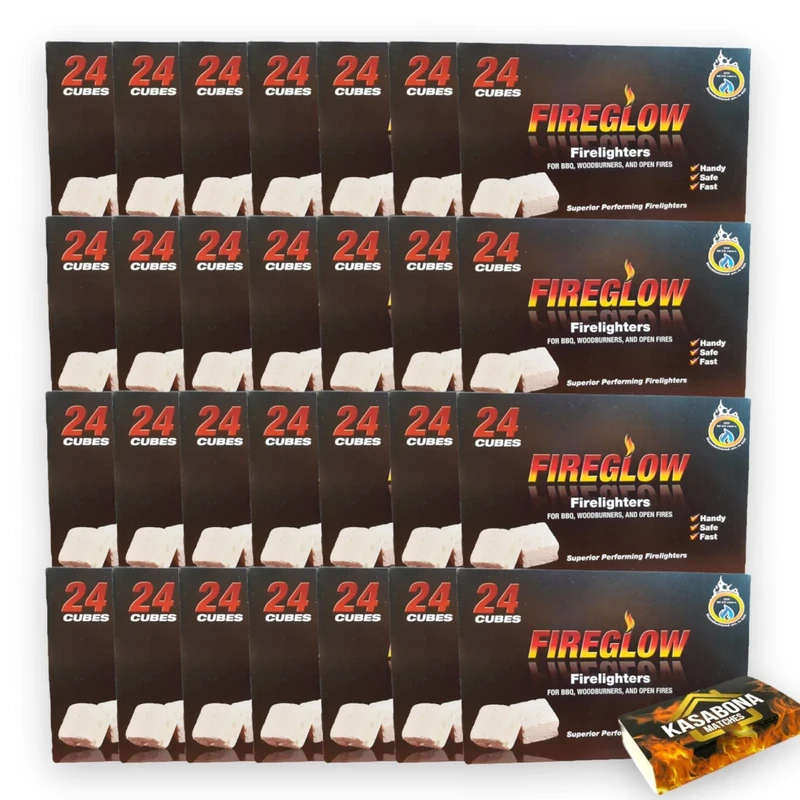 Fireglow Firelighters Bulk Pack - Hotspot Burners for BBQ, Coal & Wood with KasaBona Safety Matches - 672 Firelighters