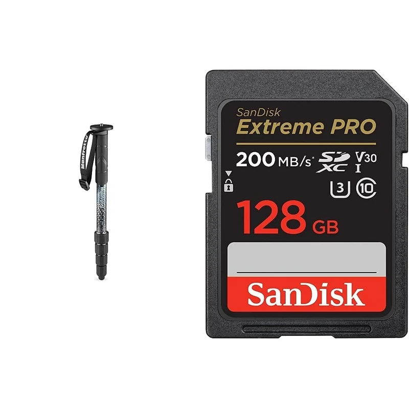 Manfrotto Element MII MMELMIIA5BK, Lightweight 5-section Aluminium Travel Camera Monopod,Black & SanDisk 128GB Extreme PRO SDXC card + RescuePRO Deluxe, up to 200MB/s, UHS-I, Class 10, U3, V30