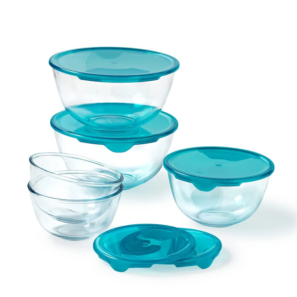 Pyrex® Set of 5 Heavy Duty Glass Salad Bowls with Lids (0.5L - 1L - 2L) BPA Free | Made in France, Dishwasher, Microwave and Oven Safe (2 x 0,5L + 1 x 1L + 2 x 2L)