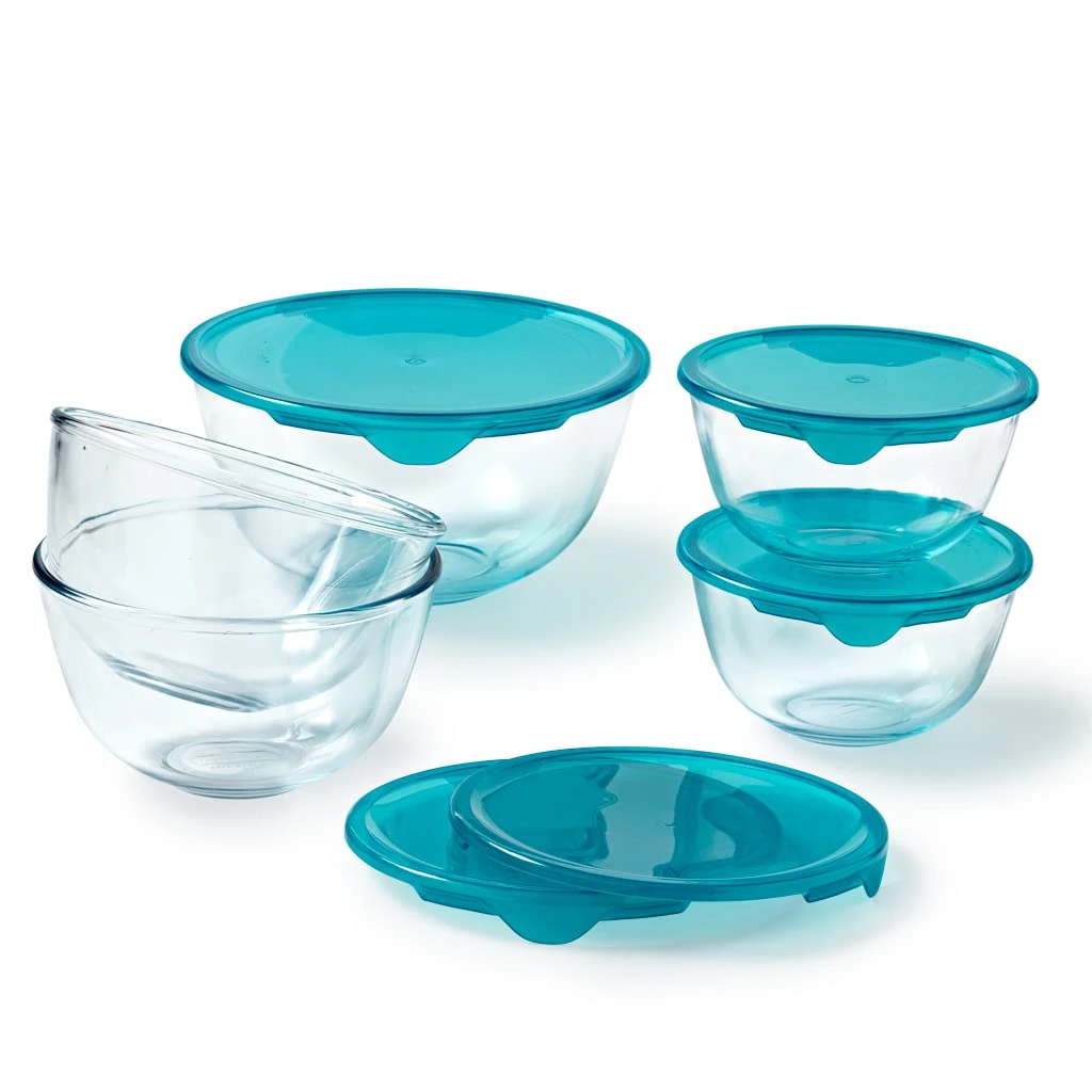 Pyrex® Set of 5 Heavy Duty Glass Salad Bowls with Lids (0.5L - 1L - 2L) BPA Free | Made in France, Dishwasher, Microwave and Oven Safe (2 x 0,5L + 2 x 1L + 1 x 2L)