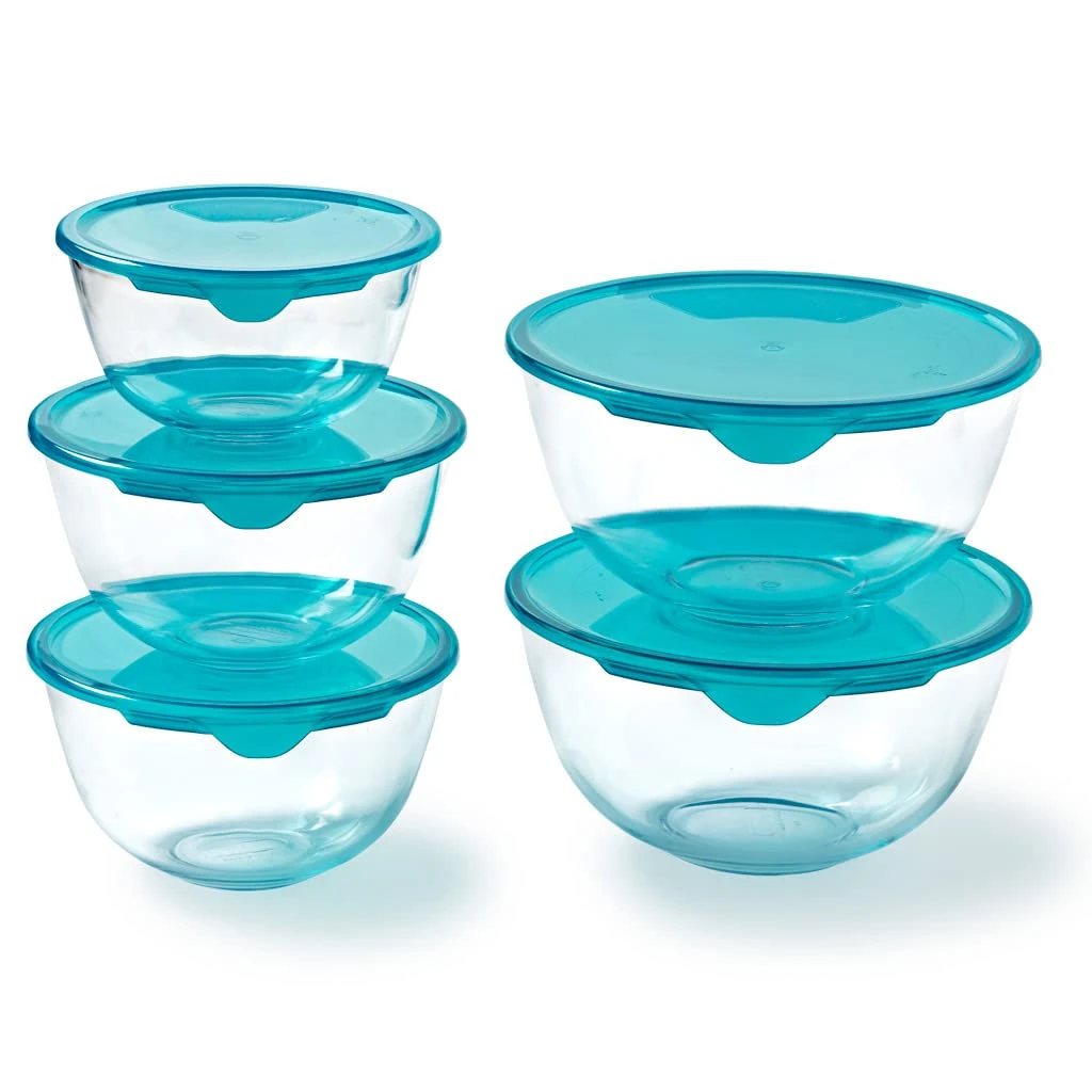 Pyrex® Set of 5 Heavy Duty Glass Salad Bowls with Lids (0.5L - 1L - 2L) BPA Free | Made in France, Dishwasher, Microwave and Oven Safe (1 x 0,5L + 2 x 1L + 2 x 2L)