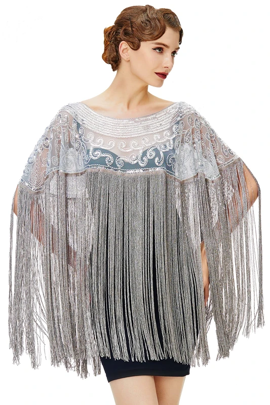 BABEYOND 1920s Shawl Wraps Long Fringed Evening Cape Sequin Beaded Party Shawl, Gray, One Size