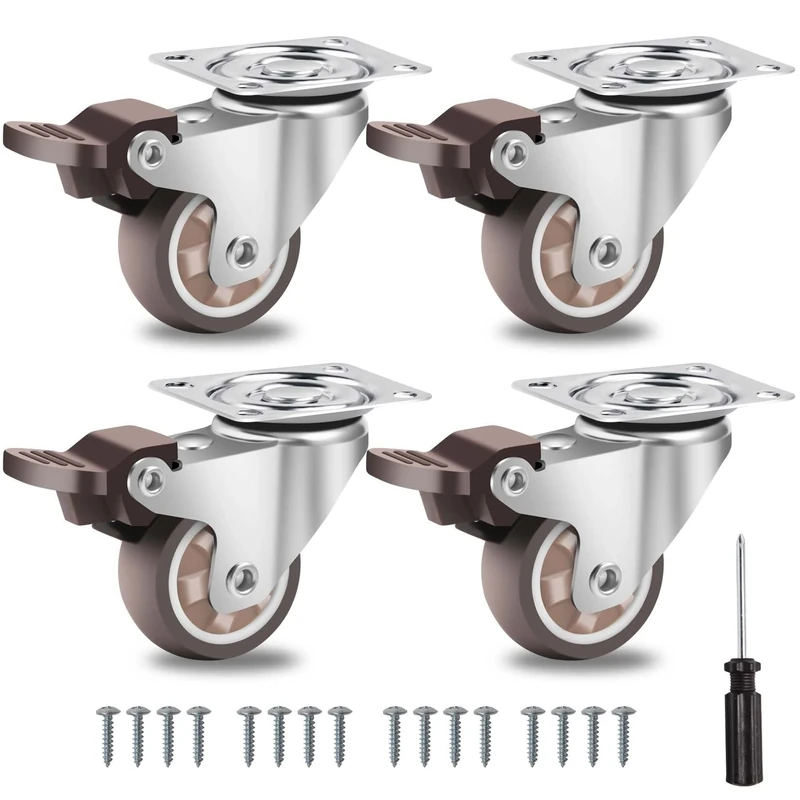 W B D WEIBIDA 1.5” Castor Wheels Heavy Duty with 4 Brakes, No Floor Marks Silent Rubber Casters with Load Capacity 300 Lbs,Small Swivel Trolley Caster for Furniture,4 Pack(Free Screws and Screwdriver)