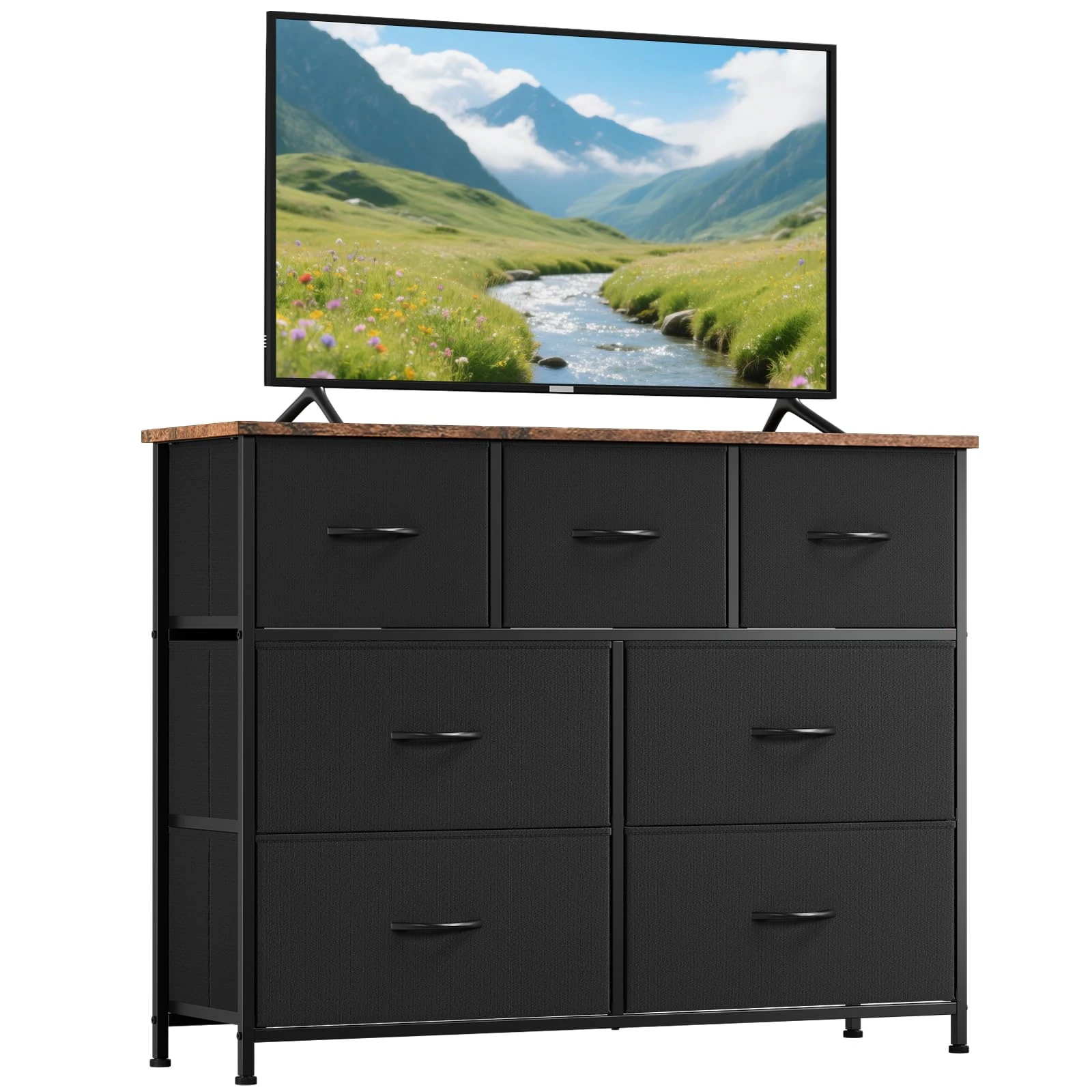 Somdot Chest of Drawers for Bedroom with 7 Drawers, Wide Storage Organiser Fabric Dresser for Closet Nursery Bedside Living Room Entryway Hallway, Black Rustic Brown