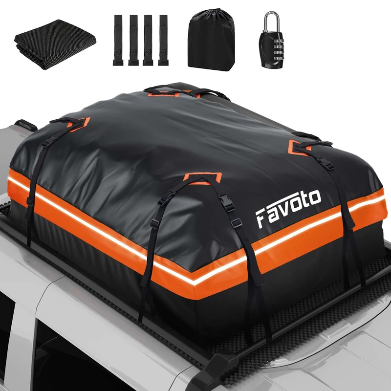 Favoto Waterproof Folding Roof Box for Car with 425L Capacity, Roof Chest, Car, 500D PVC Waterproof, Black + Orange