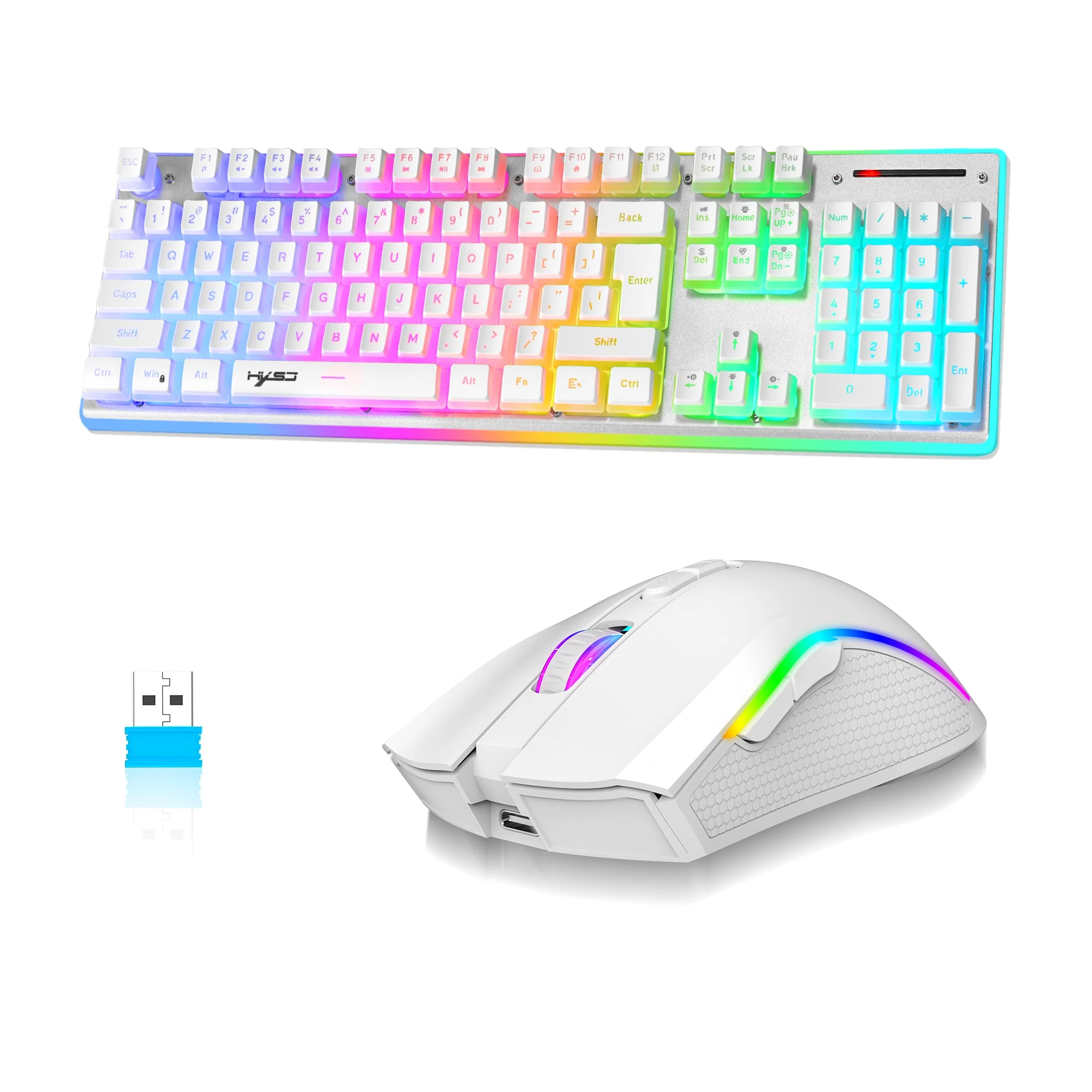 MAMBASNAKE L96 Wireless Keyboard Mouse Combo, 3000mAh Rechargeable RGB Full Size with Pudding Keycaps +4800DPI Optical Mice, K10 RK10 Mechanical Feel and Set for PC Gamer, White