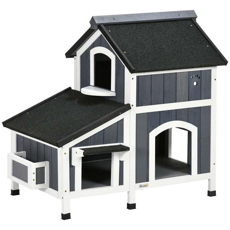 PawHut Wooden Cat House, Winterproof Cat House with Multiple Entrances, 2 Floors, Cat Cave for Outdoors, Small Animal House with Asphalt Roof, Flower Box for Outdoor Garden, 96 x 65 x 85.5 cm, Grey