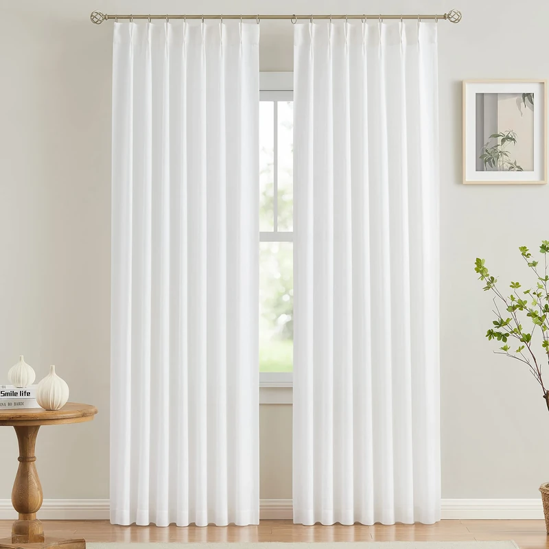 Vision Home White Pinch Pleated Semi Sheer Curtains Textured Light Filtering Window Curtains 108 inch for Living Room Bedroom Rayon Blended Pinch Pleat Drapes with Hooks 2 Panels 40" Wx108 L