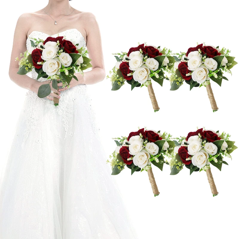 HOMENERGY Set of 4 Bridesmaid Bouquets for Wedding - 7 Inch Artificial Wedding Flower Bouquet for Party Ceremony Anniversary Dinning Table Centerpieces Decor - Burgundy & White