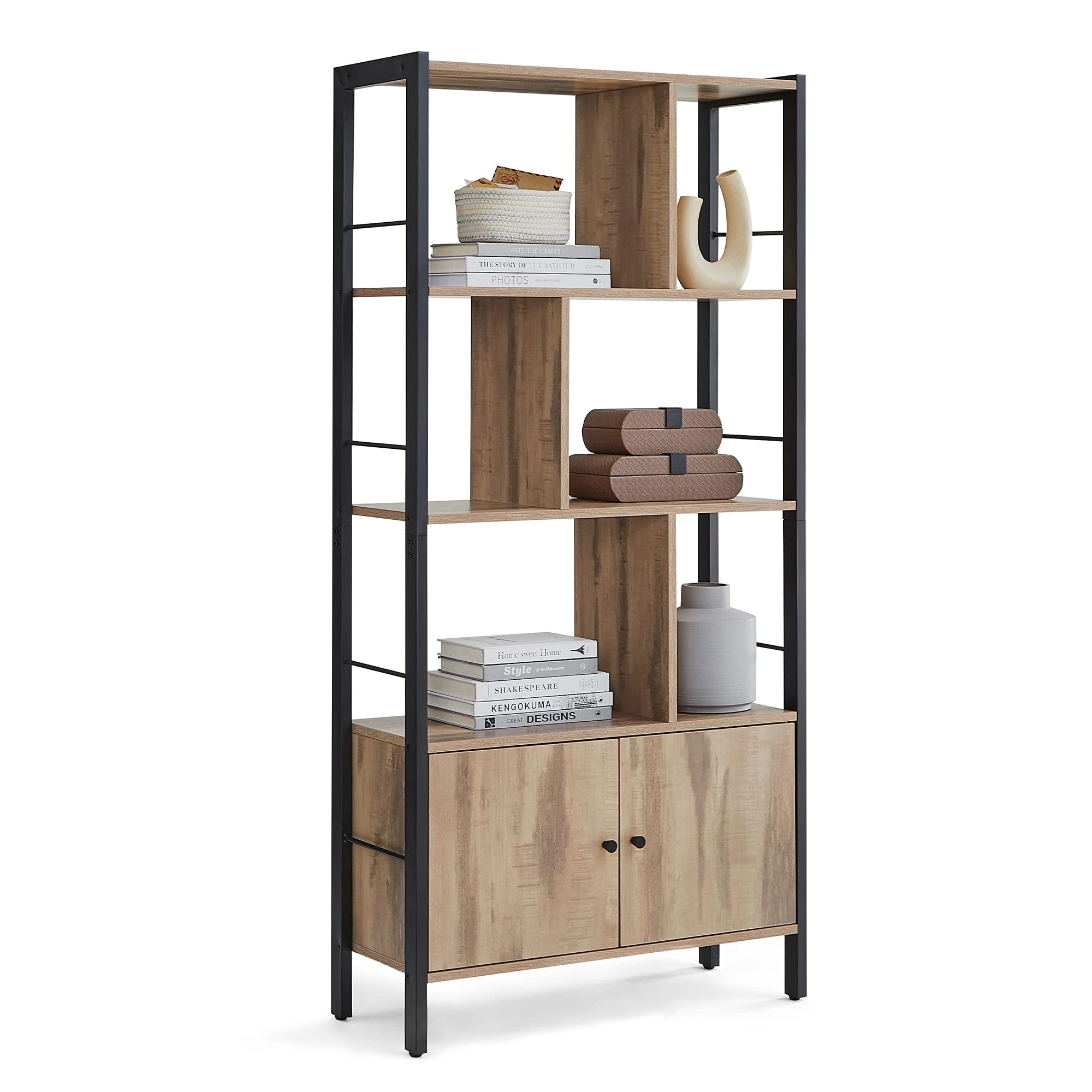 VASAGLE Bookshelf, Storage Shelf, Large Bookcase with Doors, 4 Shelves, Steel Structure, Industrial Style, for Living Room, Office, Toasted Oak Colour and Black LBC022B50