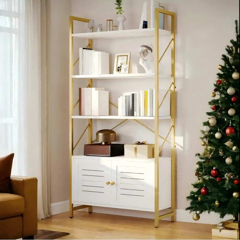 YITAHOME Bookcase with Storage Cabinet, Standing 5 Tiers Book Shelf Display Rack with Doors for Bedroom Living Room Office,White&Gold