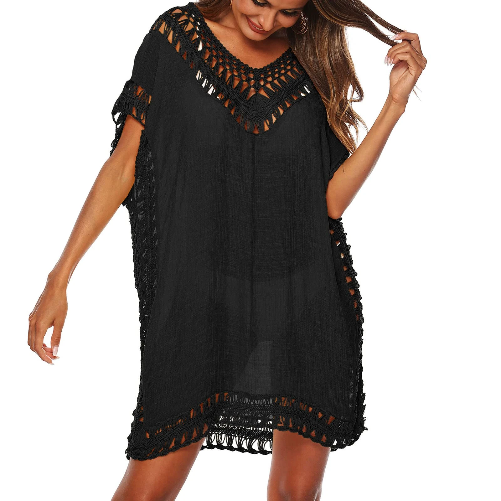 Baynetin Women's Swim Cover-ups Beachwear Hollow Out V-Neck Short Sleeve Crochet Dress Bikini Swimsuit Bathing Suit Cover Up (Black)