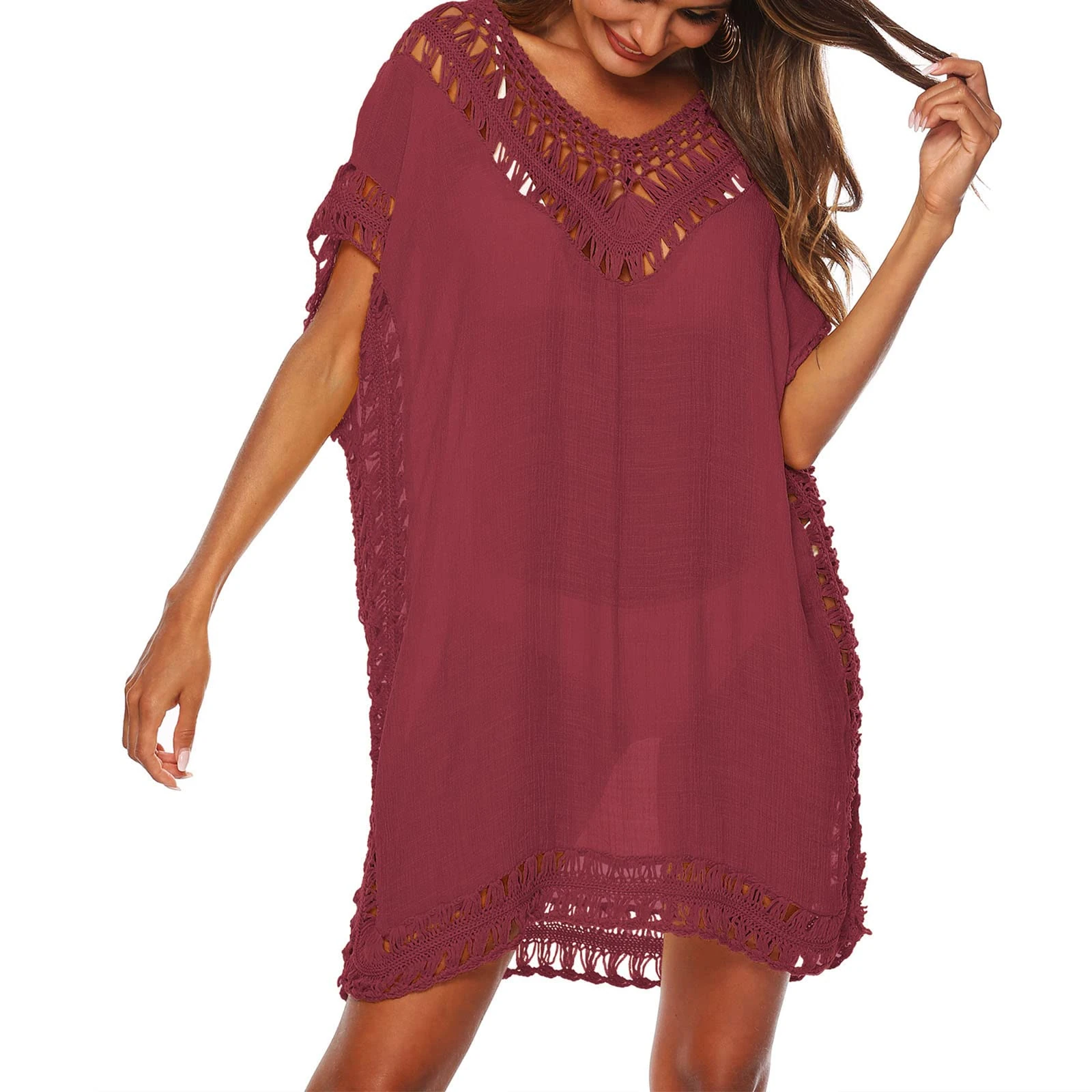 Baynetin Women's Swim Cover-ups Beachwear Hollow Out V-Neck Short Sleeve Crochet Dress Bikini Swimsuit Bathing Suit Cover Up (Wine Red)