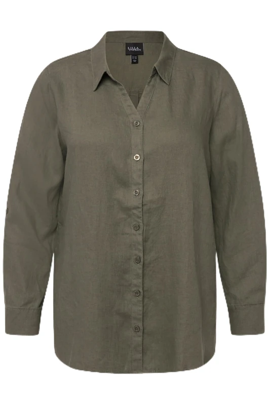 Ulla Popken Women's Linen Shirt Blouse, Loden Green, 24-26