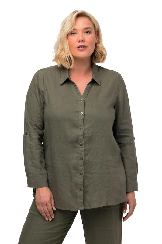 Ulla Popken Women's Linen Blouse Blouses, Loden Green, 16 UK/18 UK