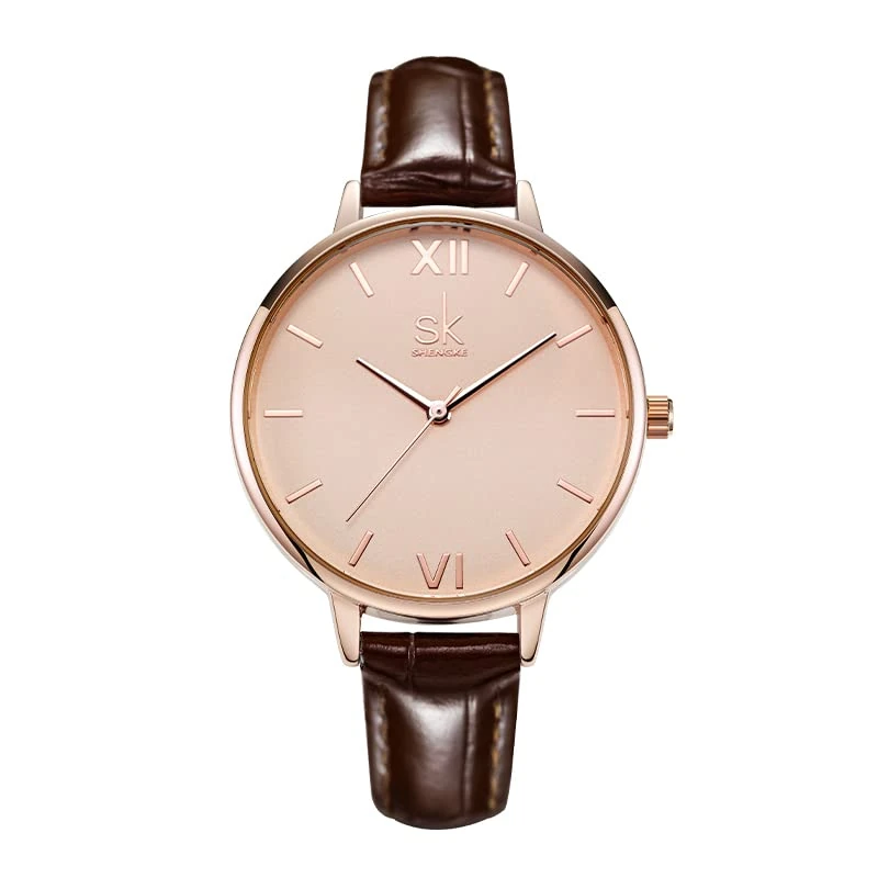 SHENGKE Women Watches Leather Band Quartz Watches Dress Girls Ladies Wristwatch Brown