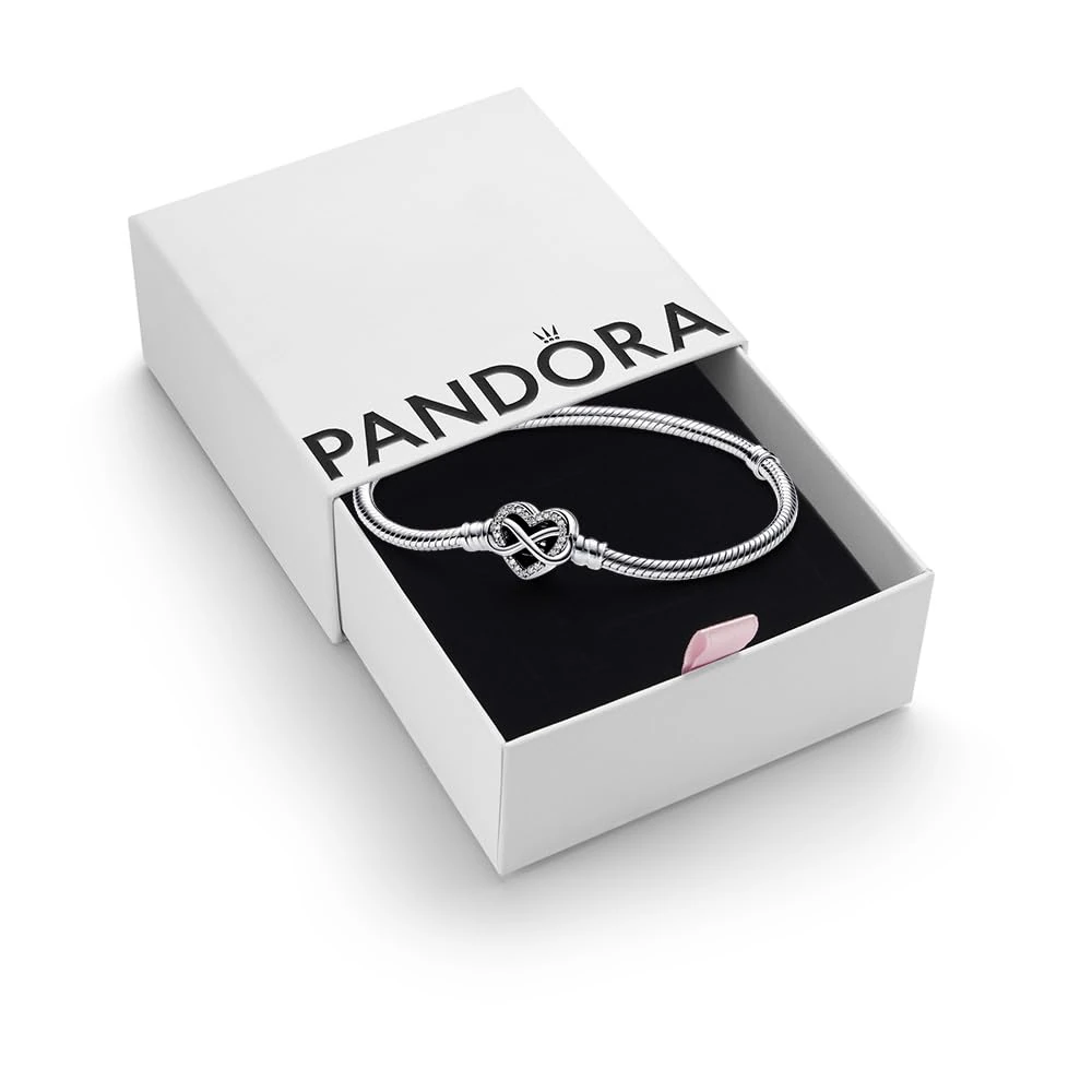 PANDORA Moments Sparkling Infinity Heart Clasp Snake Chain Bracelet, Size 20- With Gift Box