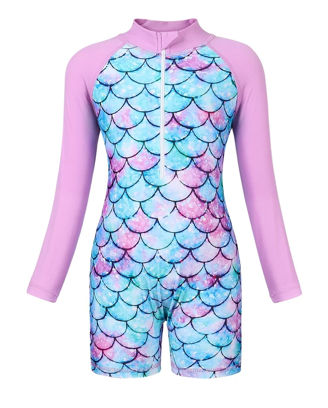 AmzBarley Girls Long Sleeve Swimming Costume Kids One Piece Swimsuit Mermaid Swimwear Zipper Bathing Suit Surfing Swimming Wetsuit Purple Age 9-10 Years Size 140