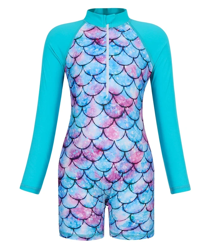 AmzBarley Mermaid Swimming Costume Girls Swimsuit Little Child Long Sleeve Rash Guard Kids One-Piece Swimwear Beach Holiday Bathing Suit Blue Age 9-10 Years Size 140