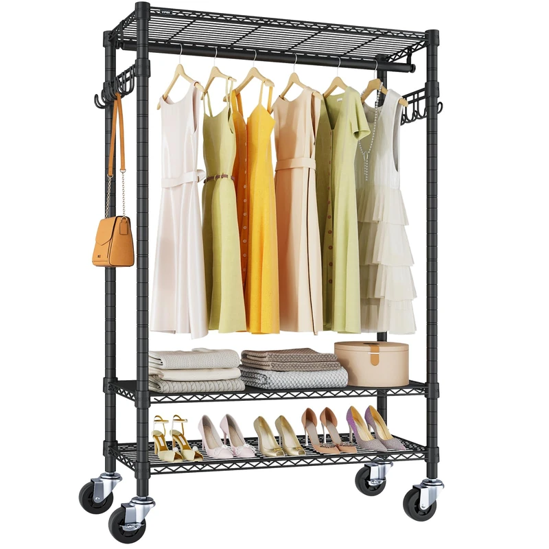 VIPEK X1 Plus Rolling Clothes Rack Portable Garment Rack for Hanging Clothes, 3 Tiers Shelves Freestanding Drying Racks with Wheels Hanging Rod Side Hook Heavy Duty Closet Rack for Laundry Room Black