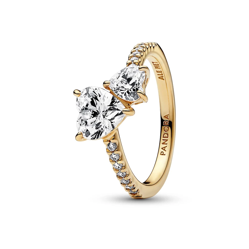 Pandora Timeless 14k Gold-plated Double Heart Sparkling ring with clear cubic zirconia, 58