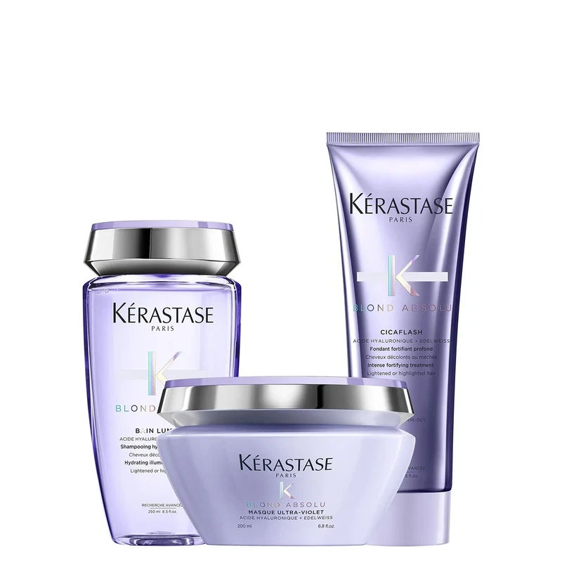 Kérastase Blond Absolu, Hydrating Illuminating Shampoo + Anti-Brass Purple Hair Mask + Repairing, Nourishing Conditioner