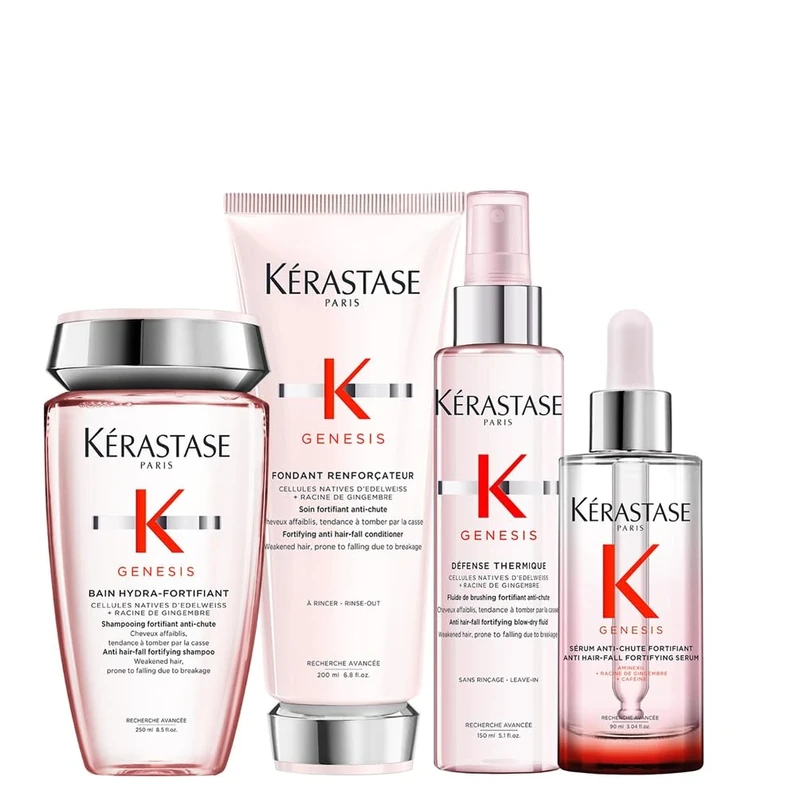 KÉRASTASE Genesis, Routine to Combat Hair Fall Due to Breakage, For Fine Hair, Contains Nourishing and Fortifying Shampoo, Conditioner, Leave-In Treatment & Heat Protectant Fluid, Quad Set