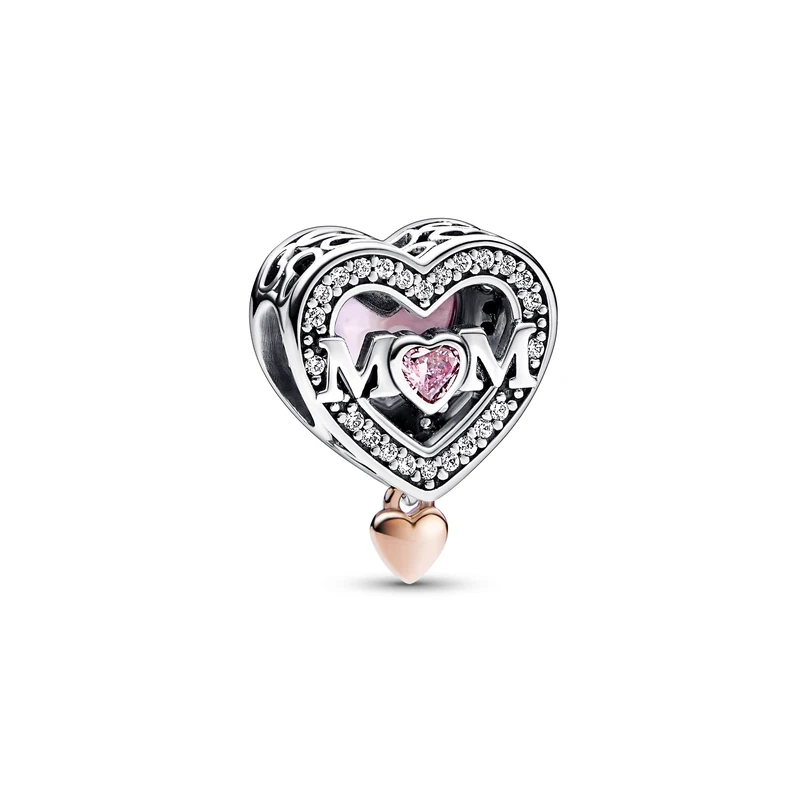 Pandora Moments Mum heart sterling silver and 14k rose gold-plated charm with clear, fancy fairy tale pink and pink cubic zirconia