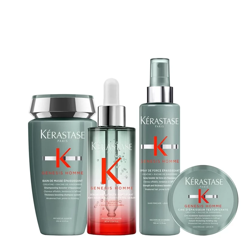 Kérastase Genesis Homme, Anti-Hair Loss Routine for Men with Thinning Hair, Contains Thickening Shampoo, Boosting Hair Spray, Volumising Moulding Clay & Fortifying Serum, Quad Set