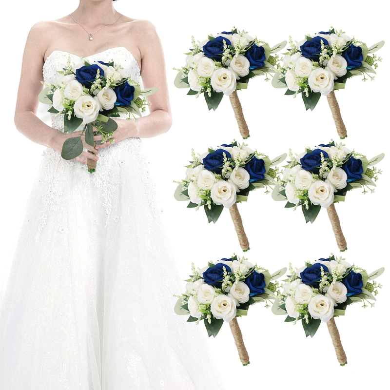 HOMENERGY Set of 6 Bridesmaid Bouquets for Wedding - 7 Inch Artificial Bridesmaid Flower Bouquet for Party Ceremony Anniversary Dinning Table Centerpieces Decor - Royal Blue & White