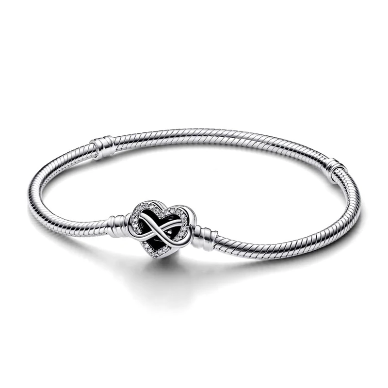 Pandora Moments Snake chain sterling silver bracelet with infinity heart clasp with clear cubic zirconia, 23