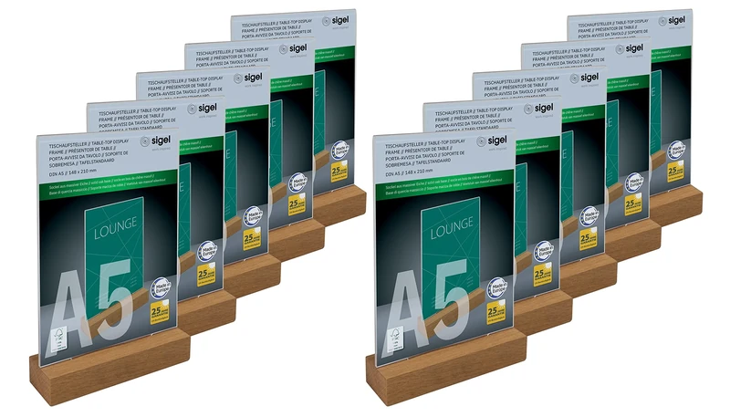 SIGEL TA254 Vertical table top display, acrylic, with oak base, for A5, 10 Pieces