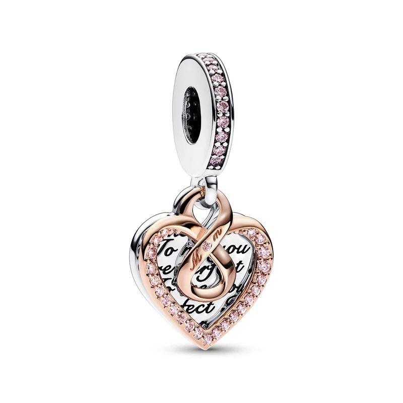 Pandora Moments Heart sterling silver and 14k rose gold-plated double dangle with fancy fairy tale pink cubic zirconia