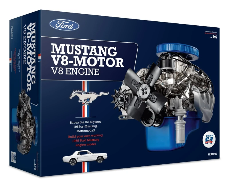 Franzis 67501 Ford Mustang V8 Engine 1:4 Scale Engine Kit with Sound Module, Instructions and 100 Page Accompaniment Book