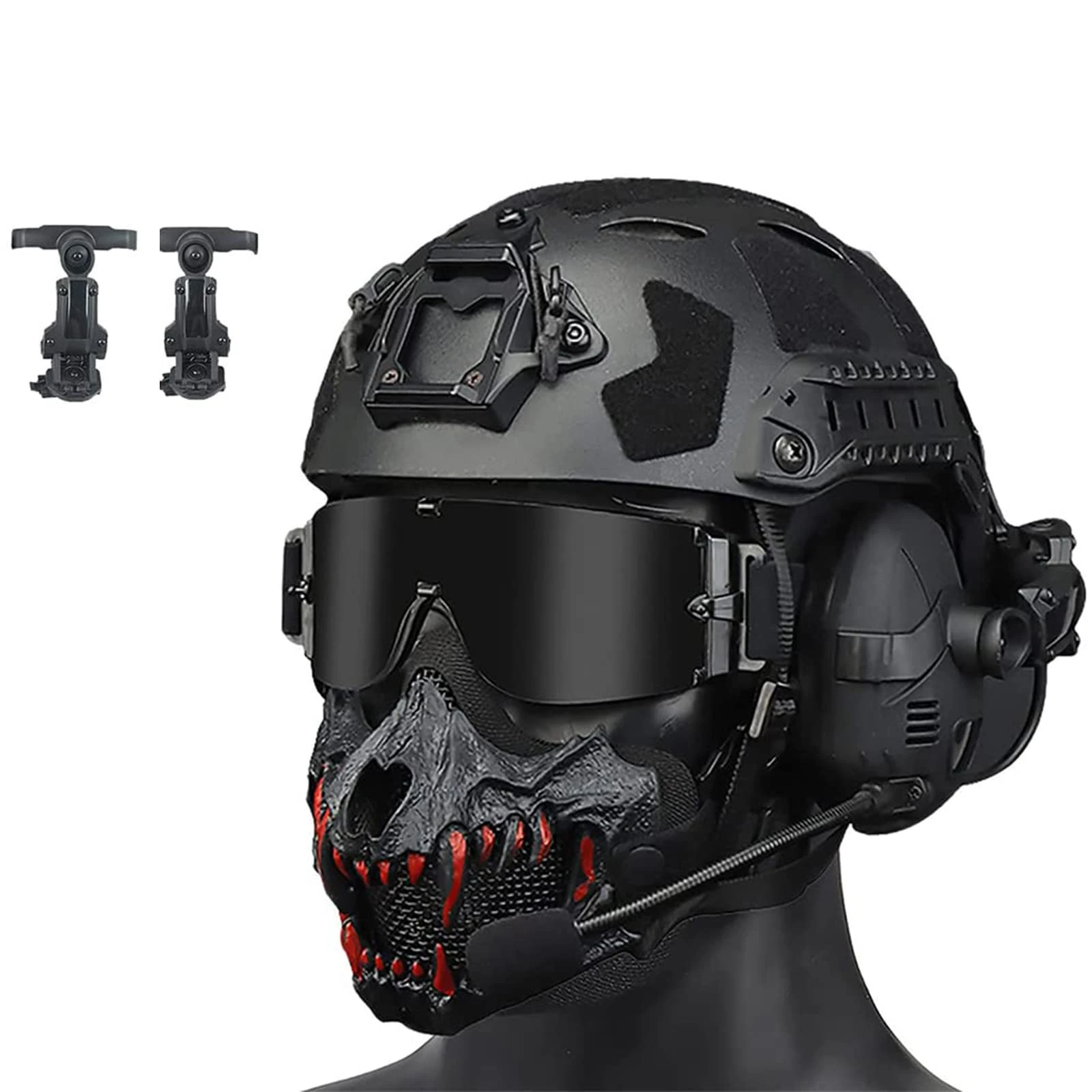 Tactical Airsoft Fast Helmet Set With Noise Canceling Headset Adjustable Mask And Goggles Set Military Cs Hunting Bump Helmets For Outdoor Paintball Shooting. (BK)
