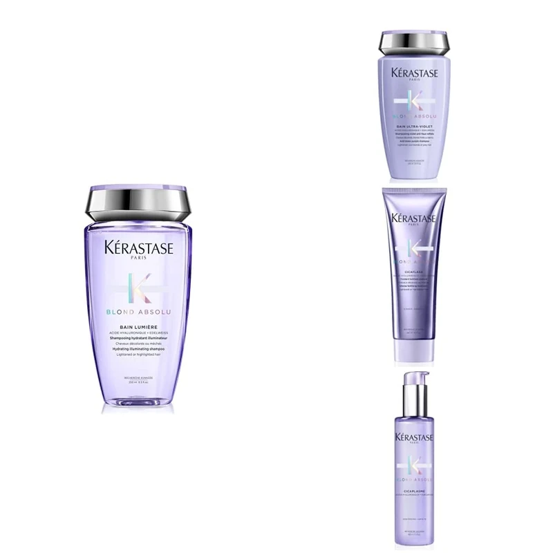 Kérastase Blond Absolu, Hydrating Illuminating Shampoo + Anti-Brass Purple Shampoo + Repairing, Nourishing Conditioner + Fortifying Heat Protecting Serum