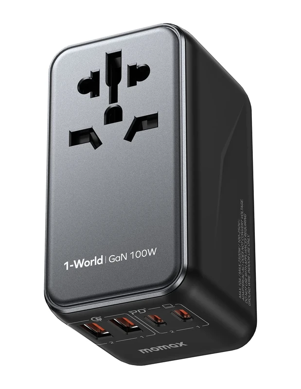 MOMAX Universal Travel Adapter,100W Fast GaN International Power Adapter, 2PD USB-C+2QC USB-A Travel Plug Adapter, US/UK/EU/AU Universal Charger for Laptops, Tablets, Phones Vision Pro 1-World