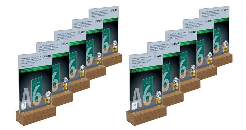 SIGEL TA252 Vertical table top display, acrylic, with oak base, for A6, 10 Pieces