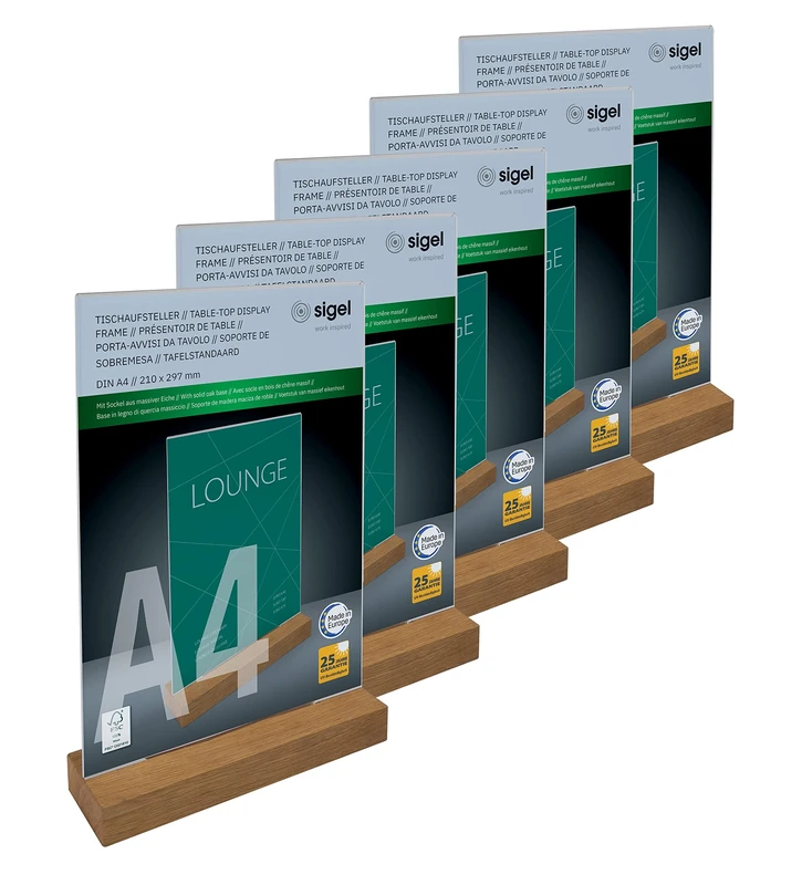 SIGEL TA256 Vertical table top display, acrylic, with oak base, for A4, 5 Pieces