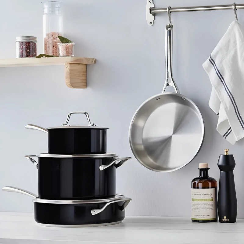Karaca 7-Piece Stainless Steel Cooking Pot Set Anthracite, Cooking Pot, Saucepan, Casserole, Frying Pan, Stainless Steel Pot Set, Kitchen Aid, Meals Essential for Kitchen