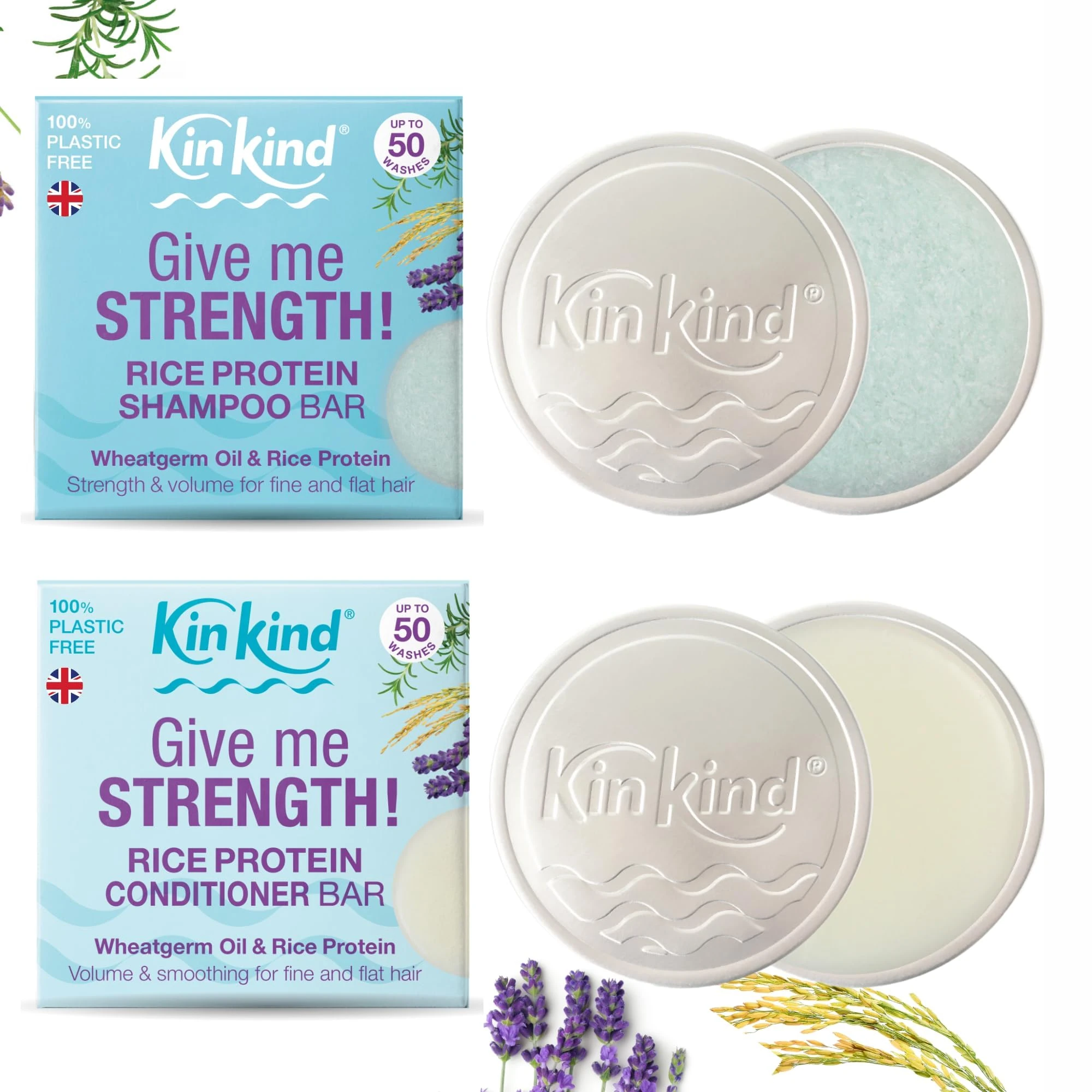 KinKind Travel Rice Water Shampoo and Conditioner Bar Set for Hair Growth. Up to 50 washes. Give me STRENGTH! Rice Solid Shampoo Bar and Conditioner Bars for hair UK Made with 2 soap shampoo bar tins