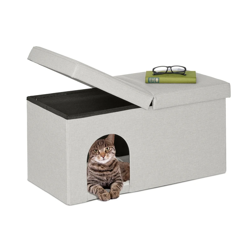 Relaxdays Bench Seat with Cat Cave, Folding, Indoor Pet Hideaway, Ottoman with Lid, HWD: 38.5 x 74.5 x 37 cm, Beige - Image 1