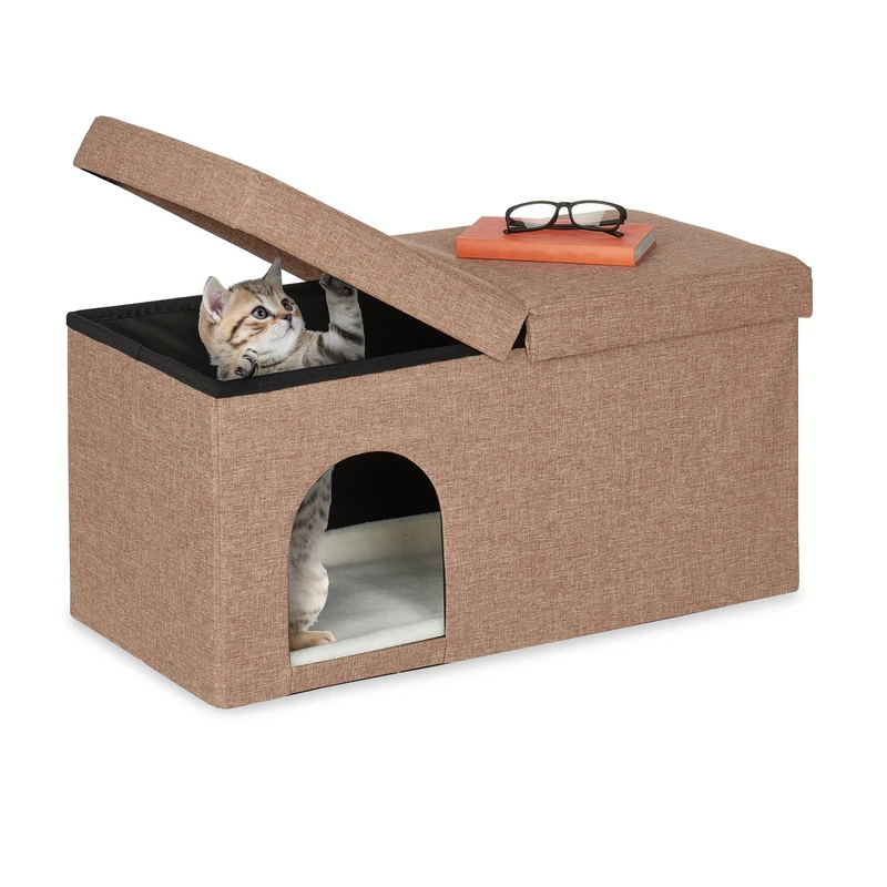 Relaxdays Bench Seat with Cat Cave, Folding, Indoor Pet Hideaway, Ottoman with Lid, HWD: 38.5 x 74.5 x 37 cm, Brown