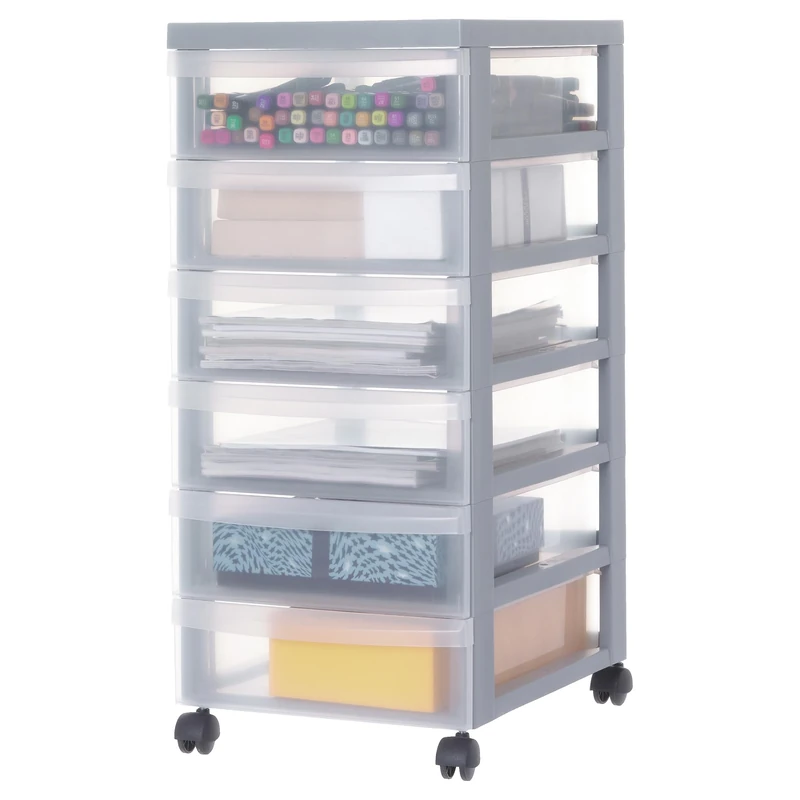 Iris Ohyama, Plastic Drawers Storage Unit, Plastic Storage Drawers, A4 Format & 4 Wheels, H61.5cm/6 Drawers, BPA Free, Grey, W40 x D29 x H61.5cm, DC-360