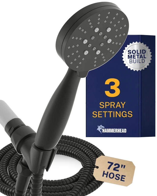 Hammerhead Showers® All Metal 3-Spray Handheld Shower Head with Long Hose and Holder - Matte Black - 2.5 GPM High Pressure Shower Head with Handheld Sprayer - Wide, Massage, and Mist Sprays