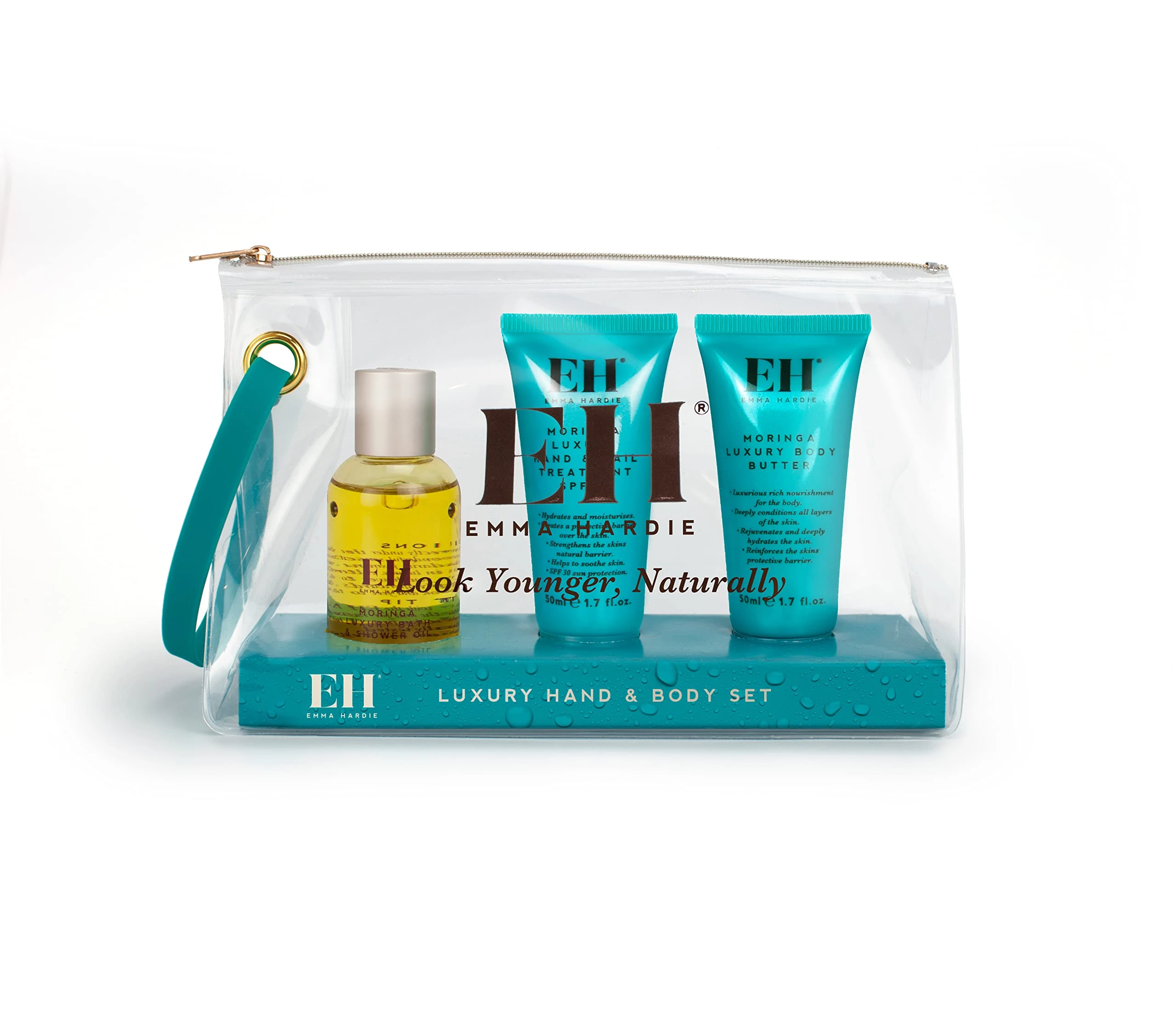 Emma Hardie 3pcs Luxury Hand and Body Set, Pack Includes: 50ml Moringa Luxury Bath & Shower Oil, 50ml Moringa Luxury Body Butter & 50ml Moringa Luxury Hand & Nail Treatment, Vegan & Cruelty Free