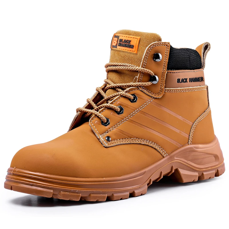 Black Hammer Mens Work Boots Tan | Steel toe Cap Safety Boots, High Protection with Ankle Support and Comfort for Working | 6007 (10 UK)