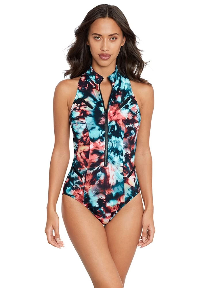 MagicSuit Women's Swimming Costume Scuba Coco High Neck Racerback Underwire Zip One Piece Swimsuit, Black/Multi, 12